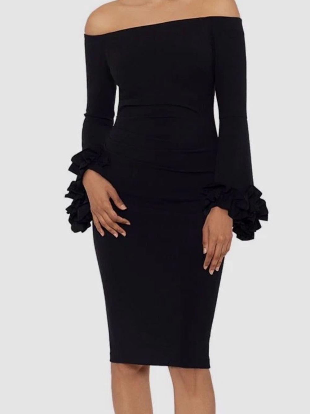 Xscape Off-Shoulder Black Ruffle-Sleeve Sheath Dress